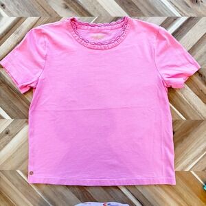 Lilly Pulitzer Pink Crochet Trim Cotton T-Shirt Women S Elevated Basic Designer